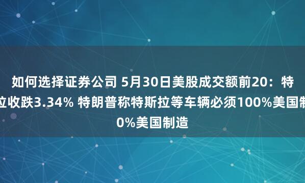 如何选择证券公司 5月30日美股成交额前20：特斯拉收跌3.34% 特朗普称特斯拉等车辆必须100%美国制造
